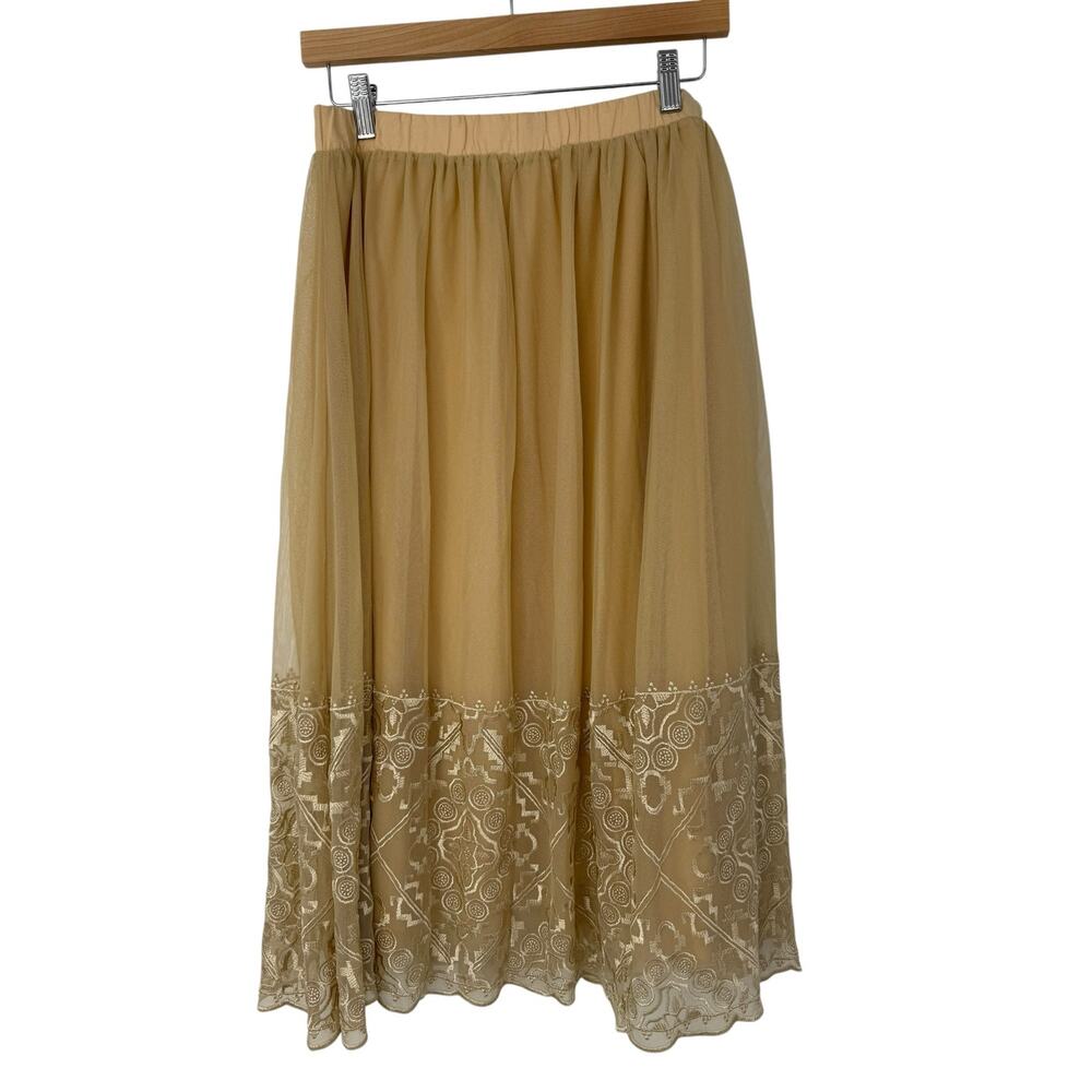 Garnet Hill Embroidered Tulle Midi Skirt Tan Beige Boho Elastic Waist Size M - Picture 3 of 8